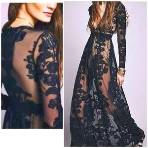 Free People x For love and lemons Lace Babydoll Maxi Dress Floral Sheer Mesh